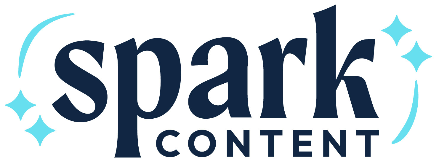 Logo featuring the word "spark" in a playful font, with "CONTENT" below it, accented by light blue sparkles and curves.